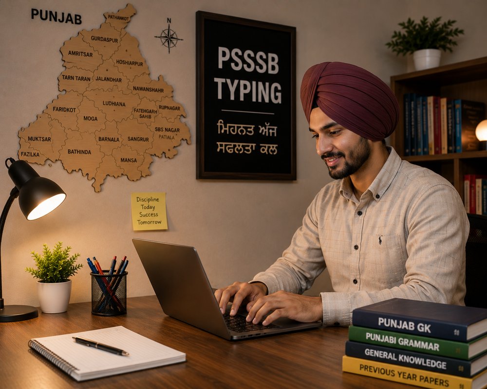 PSSSB aspirant practising Punjabi typing with a Punjab district map and Punjab GK books